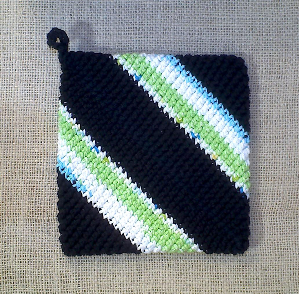 Crocheted Potholder: Black, Green, Turquoise & White #0593