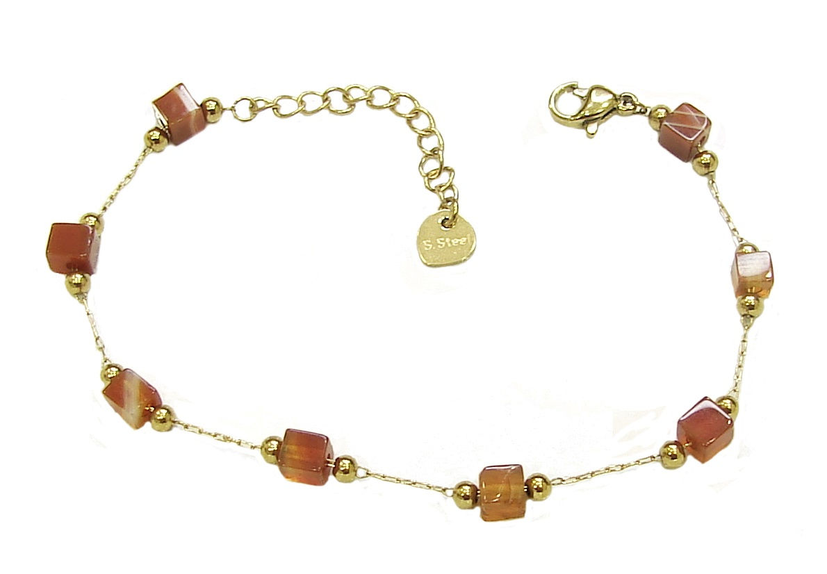 SB.137 - Ατσάλινο Βραχιόλι Με Πέτρες Κυβάκια Καφέ Quartz