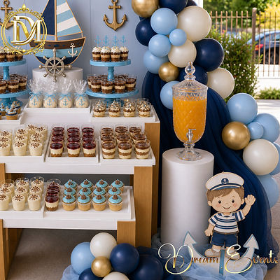 Θεματικό Candy Bar Sailor με γλυκές δημιουργίες, χυμούς, διακοσμητικά στοιχεία και μπαλονοδιακόσμηση για βάπτιση αγοριού.