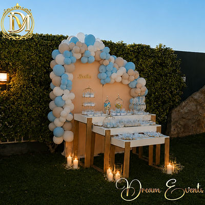 Candy bar βάπτισης αγοριού με γαλάζια και λευκά μπαλόνια, γλυκά, κερ