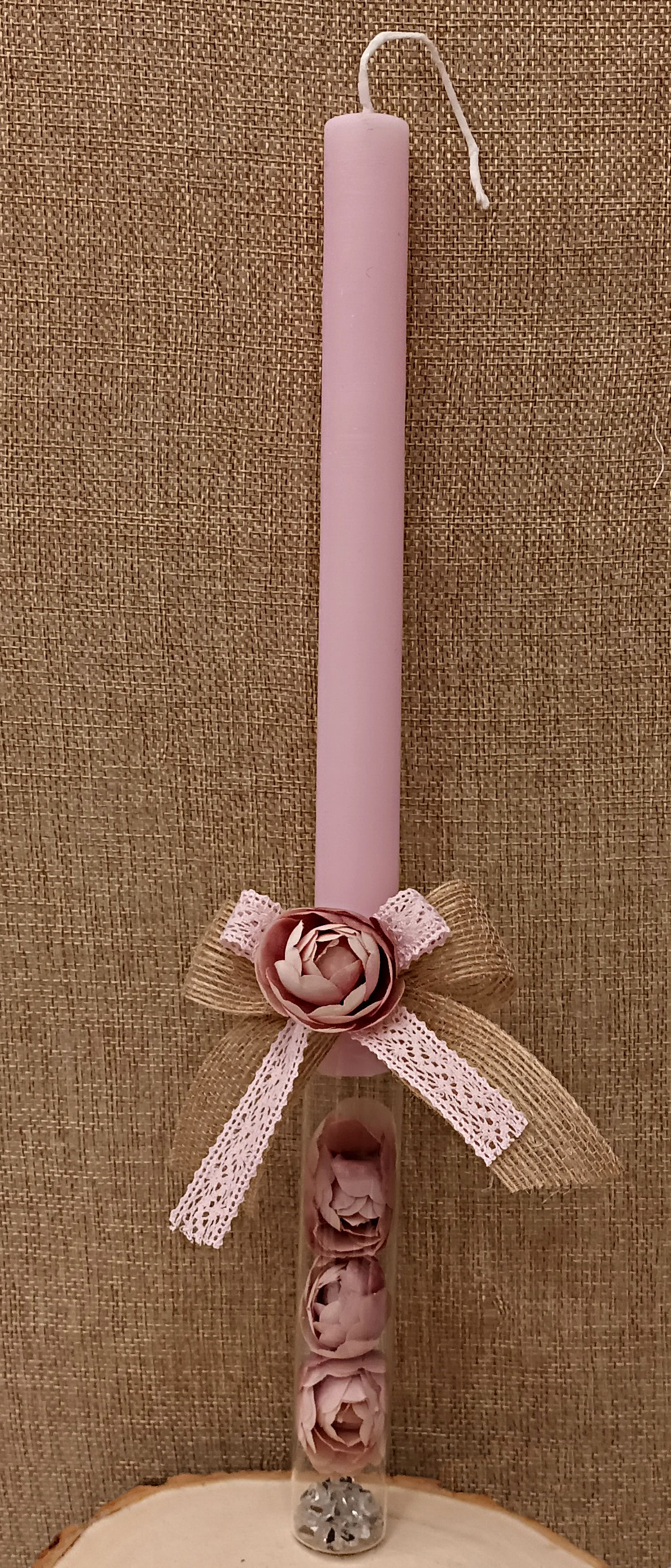 23.10.ROSE - Λαμπάδα Στρογγυλή Με Γυάλινο Σωλήνα Και Τριανταφυλάκια