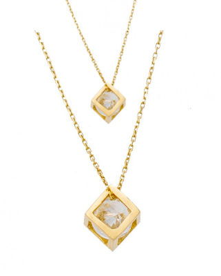 SN.168R - Ατσάλινο Διπλό Κολιέ Κύβοι Με Ζιργκόν