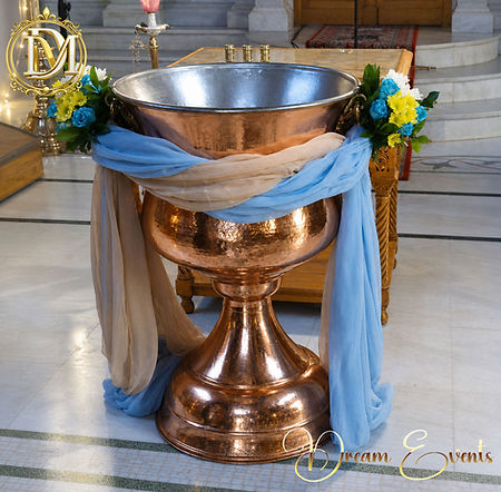 Luxury boy baptism font decoration with blue and white floral arrangements