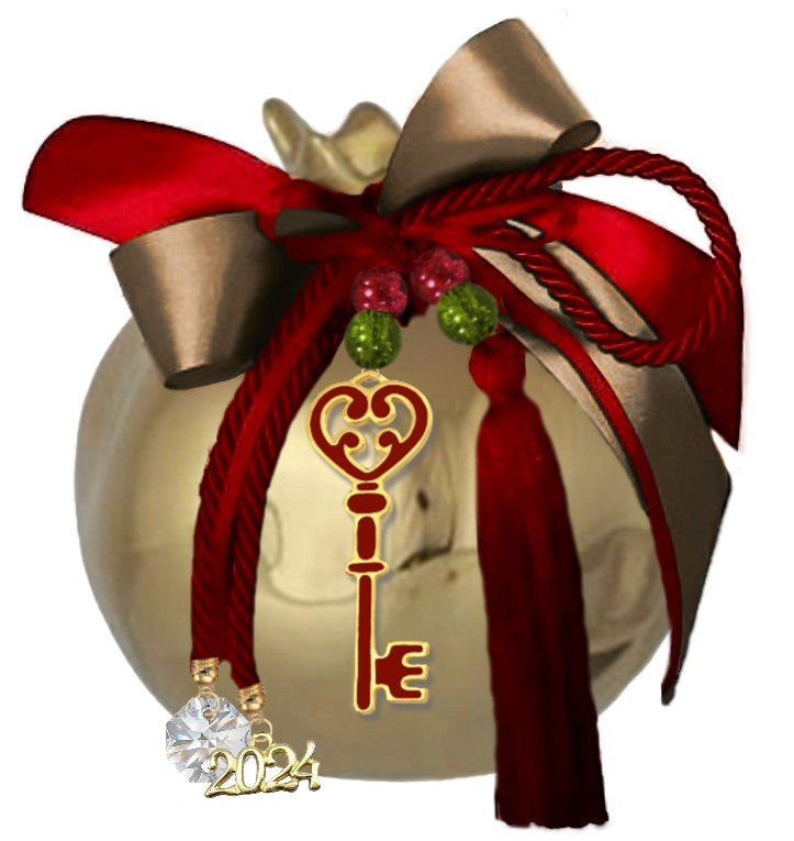 Μικρογραφία: 817.3256 - Κεραμικό Ρόδι 13cm Με Κλειδί, Κορδόνια, Κρύσταλλo Και Κορδέλα