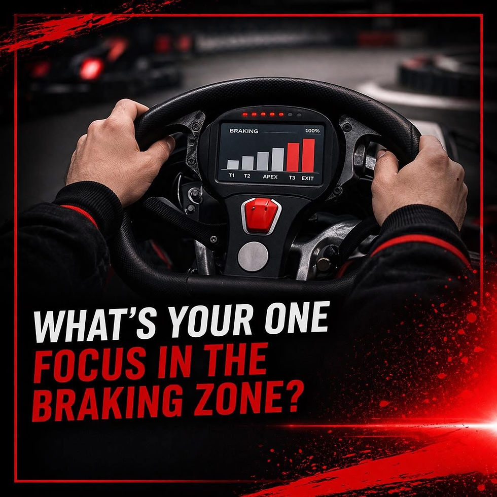 Hands on steering wheel with a caption that reads "What's your one focus in the braking zone?"