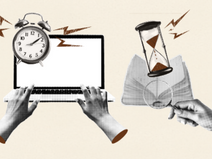 A imagem apresenta uma composição visual em estilo colagem, com fundo neutro em tom bege. No centro, há um notebook aberto, visto de frente, com a tela em branco. Duas mãos humanas aparecem digitando no teclado, sugerindo atividade de trabalho ou escrita.  À esquerda do notebook, há um relógio analógico com aparência clássica, acompanhado de elementos gráficos que lembram raios ou vibrações, indicando urgência, pressão ou passagem acelerada do tempo.  À direita, aparece uma ampulheta sendo segurada por uma mão. A ampulheta reforça a ideia de tempo escoando, enquanto a mão que a segura sugere tentativa de controle ou gestão desse tempo.  A estética mistura recortes fotográficos em preto e branco com detalhes gráficos em tons terrosos, criando um contraste visual. No conjunto, a imagem transmite uma sensação de tensão entre trabalho, tempo e produtividade, destacando a pressão temporal e a dificuldade de administrar múltiplas demandas simultaneamente.