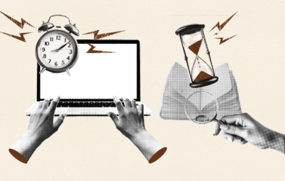 A imagem apresenta uma composição visual em estilo colagem, com fundo neutro em tom bege. No centro, há um notebook aberto, visto de frente, com a tela em branco. Duas mãos humanas aparecem digitando no teclado, sugerindo atividade de trabalho ou escrita.  À esquerda do notebook, há um relógio analógico com aparência clássica, acompanhado de elementos gráficos que lembram raios ou vibrações, indicando urgência, pressão ou passagem acelerada do tempo.  À direita, aparece uma ampulheta sendo segurada por uma mão. A ampulheta reforça a ideia de tempo escoando, enquanto a mão que a segura sugere tentativa de controle ou gestão desse tempo.  A estética mistura recortes fotográficos em preto e branco com detalhes gráficos em tons terrosos, criando um contraste visual. No conjunto, a imagem transmite uma sensação de tensão entre trabalho, tempo e produtividade, destacando a pressão temporal e a dificuldade de administrar múltiplas demandas simultaneamente.