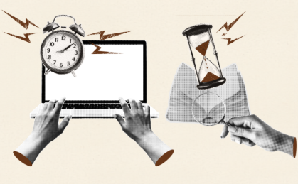 A imagem apresenta uma composição visual em estilo colagem, com fundo neutro em tom bege. No centro, há um notebook aberto, visto de frente, com a tela em branco. Duas mãos humanas aparecem digitando no teclado, sugerindo atividade de trabalho ou escrita.  À esquerda do notebook, há um relógio analógico com aparência clássica, acompanhado de elementos gráficos que lembram raios ou vibrações, indicando urgência, pressão ou passagem acelerada do tempo.  À direita, aparece uma ampulheta sendo segurada por uma mão. A ampulheta reforça a ideia de tempo escoando, enquanto a mão que a segura sugere tentativa de controle ou gestão desse tempo.  A estética mistura recortes fotográficos em preto e branco com detalhes gráficos em tons terrosos, criando um contraste visual. No conjunto, a imagem transmite uma sensação de tensão entre trabalho, tempo e produtividade, destacando a pressão temporal e a dificuldade de administrar múltiplas demandas simultaneamente.