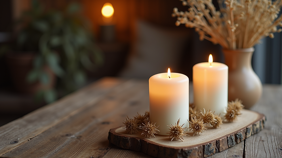 Eye-level view of a rustic wooden table with handmade candles and dried flowers