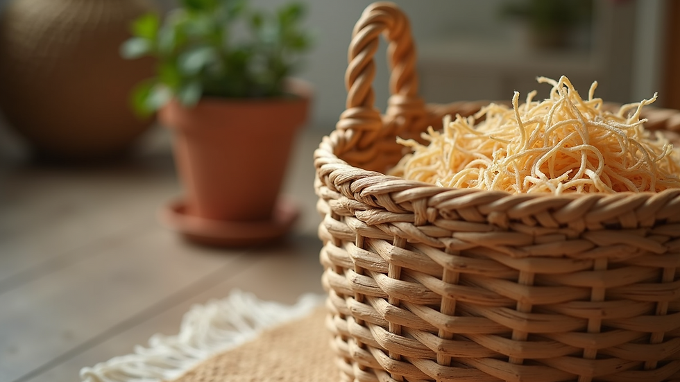 Close-up view of a handwoven basket with natural fibers
