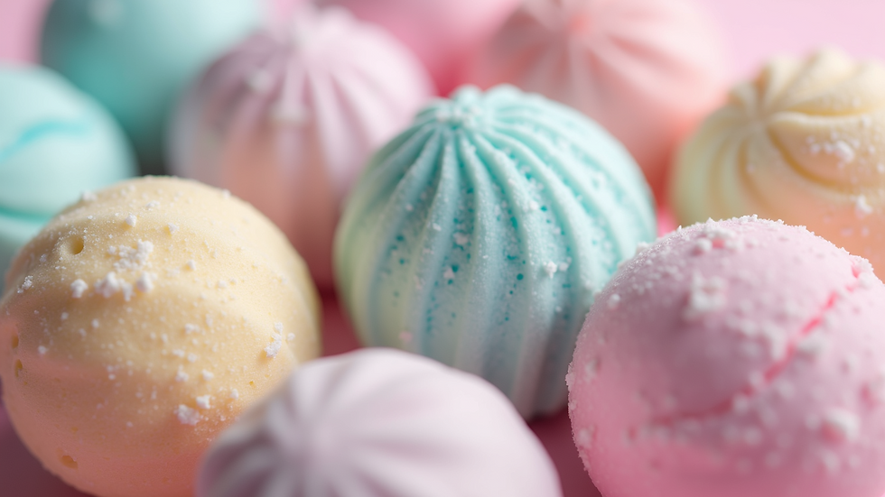 Eye-level view of a collection of handmade bath bombs in pastel colours
