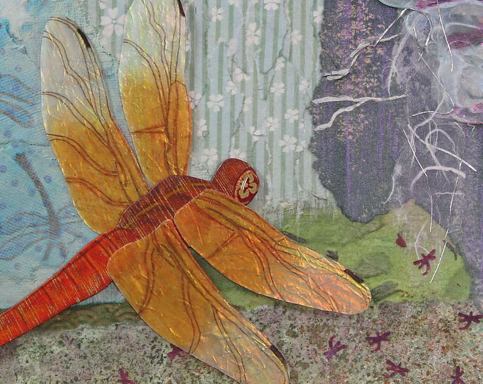 Closeup of orange dragonfly with iridescent wings more muted