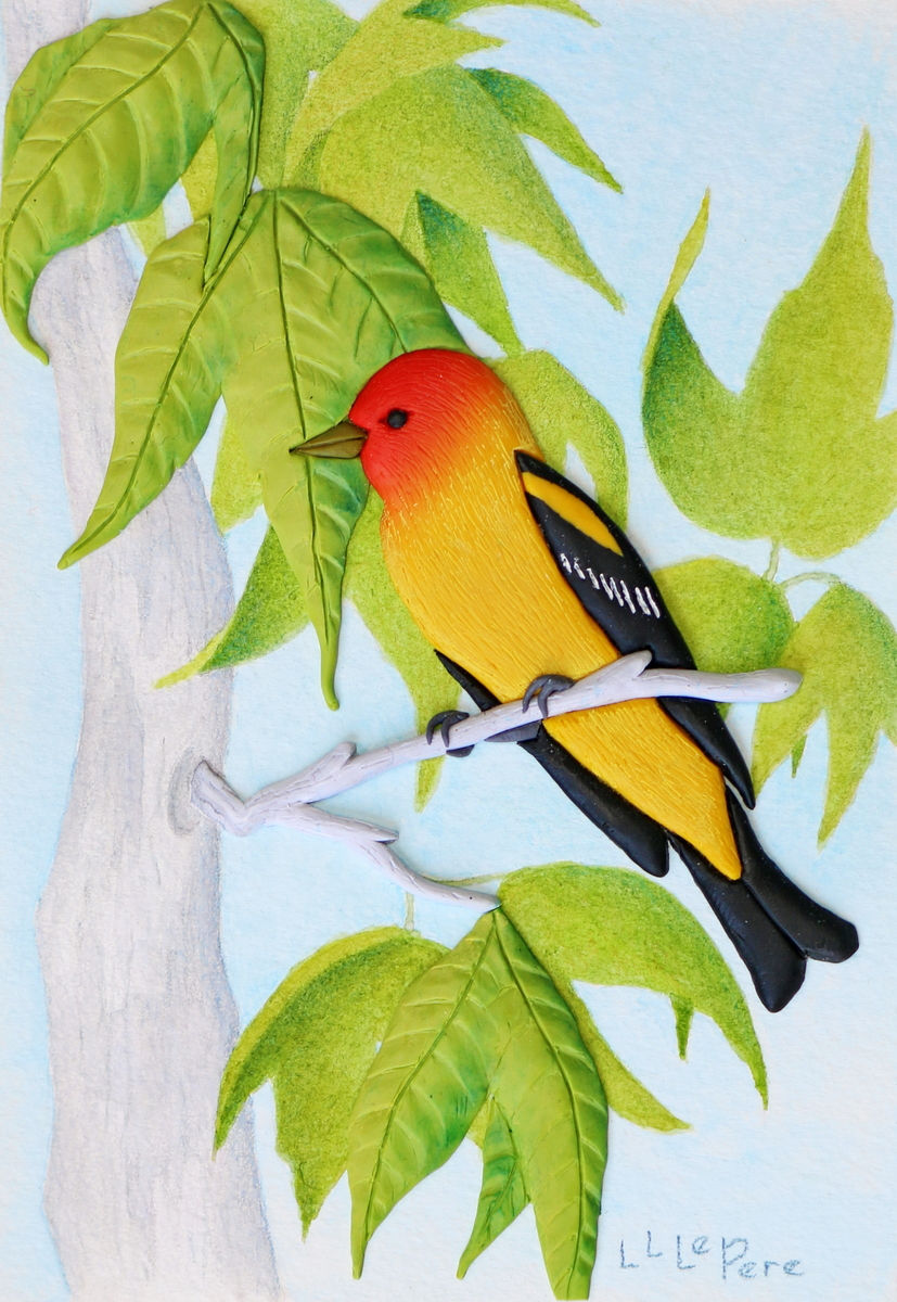 Mixed media, bas-relief of a Western Tanager sitting on a sycamore tree.