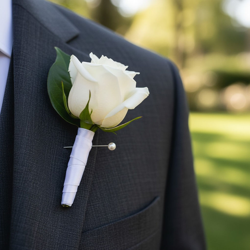 White rose boutonniere on gray suit, modern wedding flower.