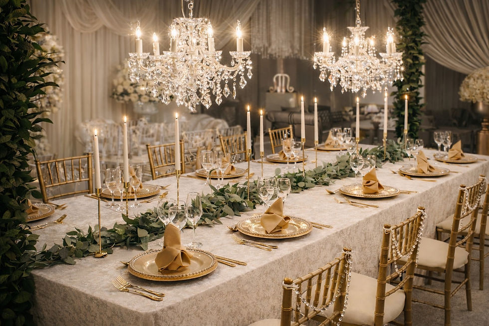 Elegant dinner layout in our Showroom for weddings & events Liverpool.