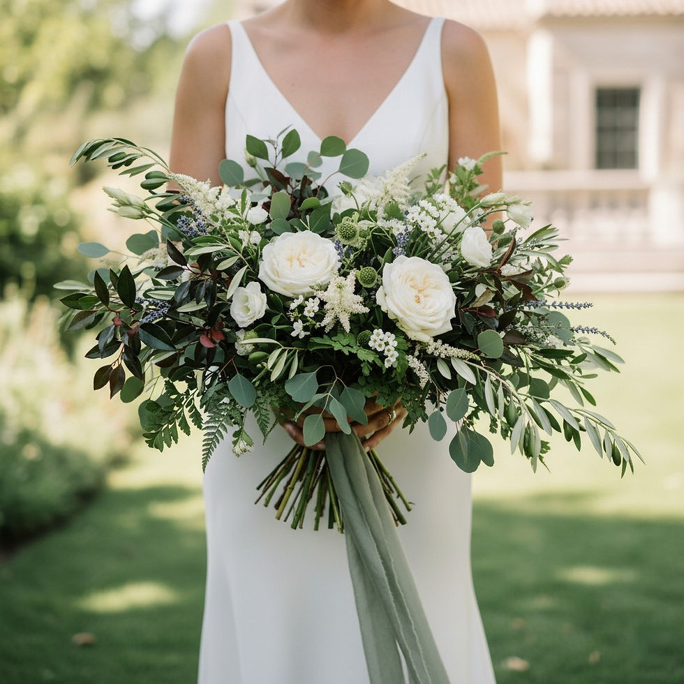 Modern wedding bouquet with white flowers and lush greenery