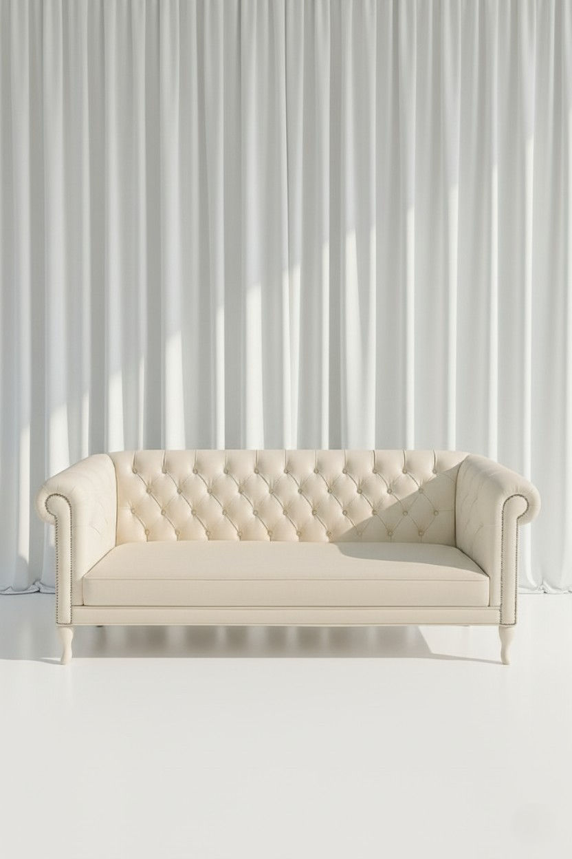 Cream tufted sofa, event styling inventory for hire