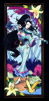 A pretty korean half elf with long dark hair is playing a white violin in a colorful landscape surrounded by creamy white lilies.