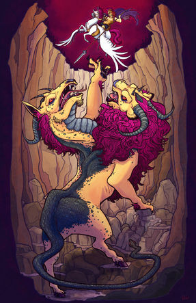 A hero on a pegasus looks down over a chimera climbing up to catch him. It has a roaring lion head, goat head, and snake tail poised to strike.