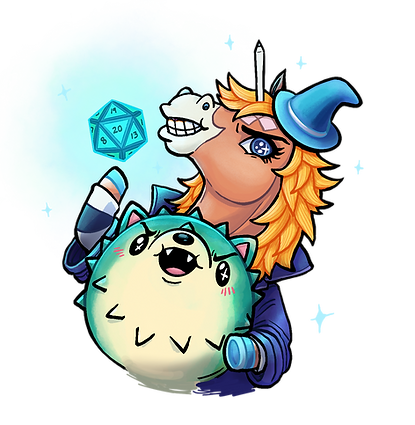Quartneigh the palamino unicorn with a wizard's hat holding a pupperfish and a magical d20 floats beside them