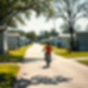 Create a short, cinematic background video of a boy riding a bicycle slowly through a clea