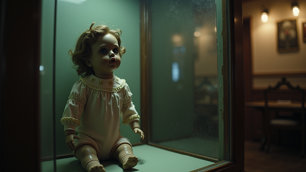 High angle view of a glass display case with a creepy antique doll