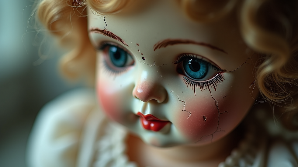 Close-up view of an antique porcelain doll with cracked paint