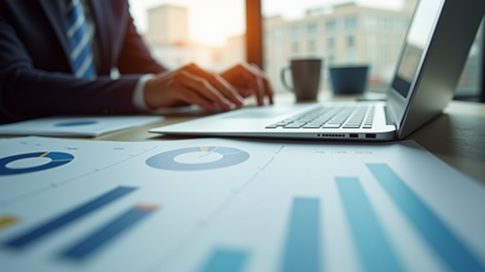 Close-up view of a business meeting with charts and laptops on the table