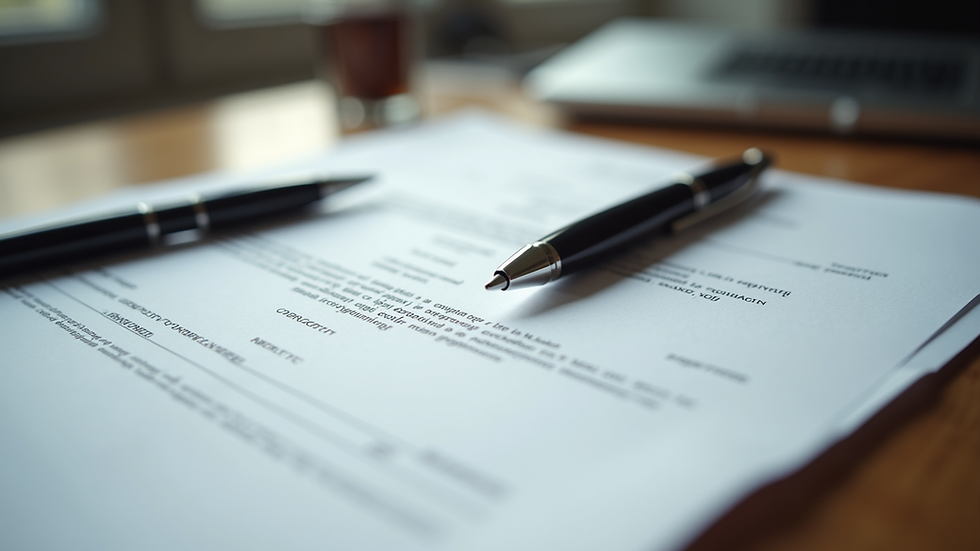 High angle view of legal documents and a pen on a desk