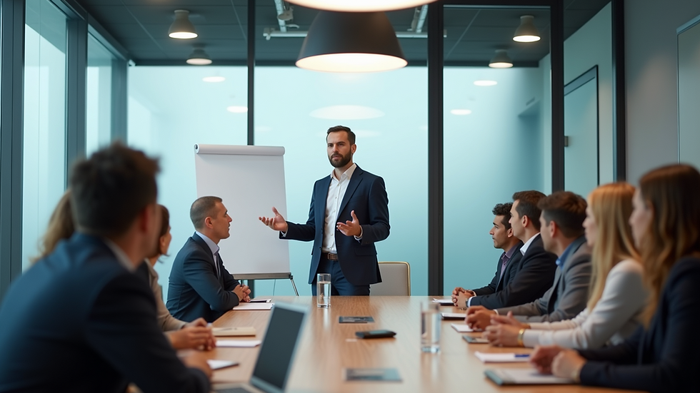 Eye-level view of a modern office meeting room with HR consultant presenting