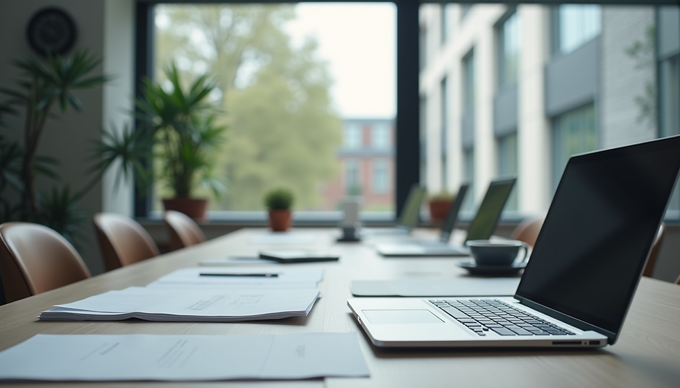 Eye-level view of a modern office meeting room with a laptop and documents
