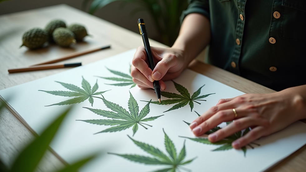 High angle view of a fashion designer sketching cannabis leaf patterns