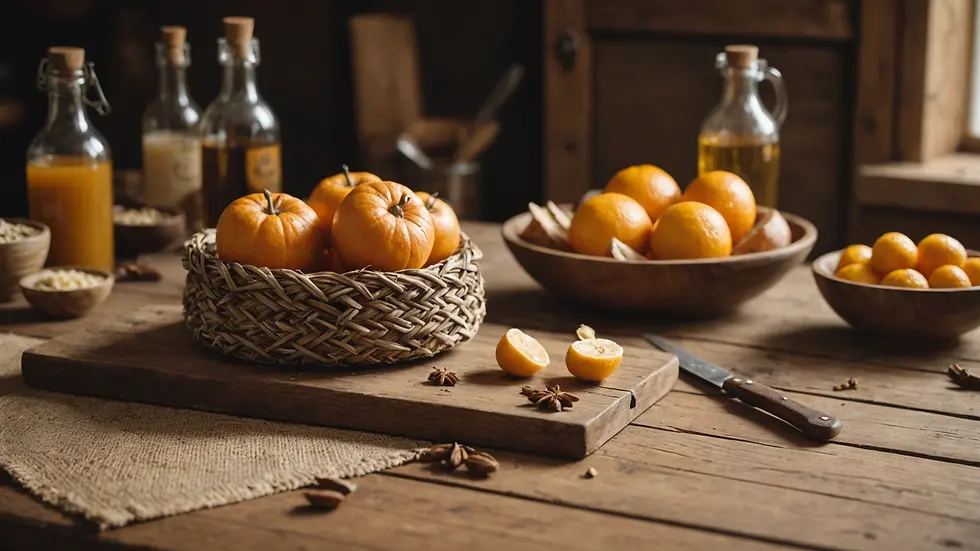 Close-up view of a rustic table adorned with handmade products