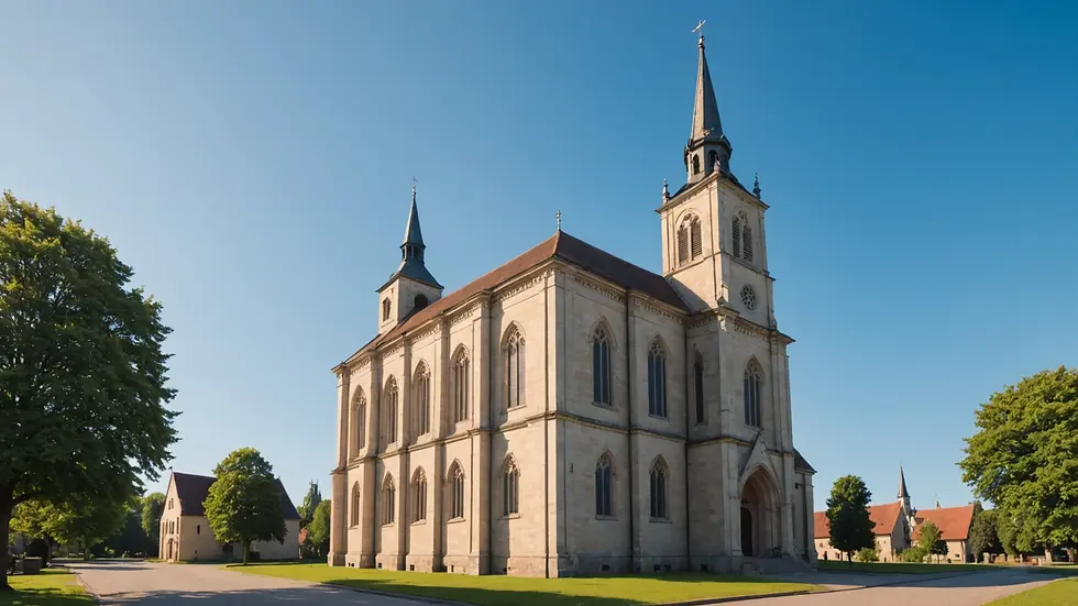 Eye-level view of a serene church building with a blue sky backdrop