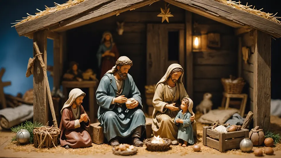 Close-up view of a modern nativity scene depicting a homeless family