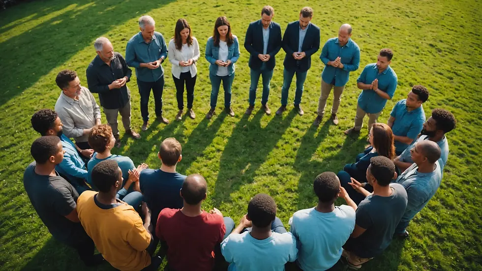 Wide angle view of a circle of people praying together outdoors