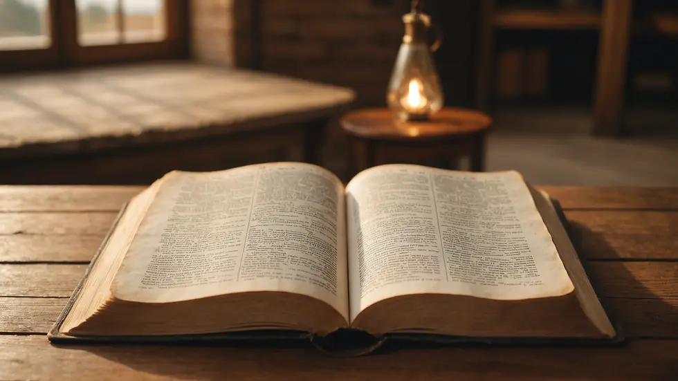 Eye-level view of an open Bible on a wooden table