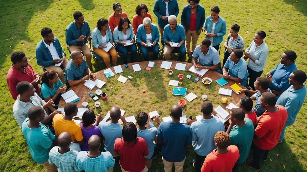 High angle view of a vibrant community gathering sharing resources for financial literacy