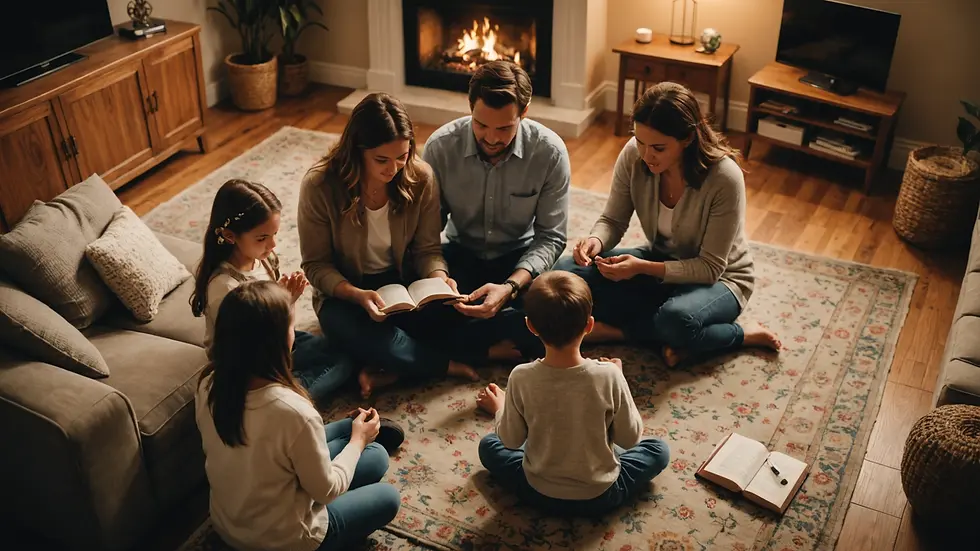High angle view of family engaging in prayer in a cozy living room