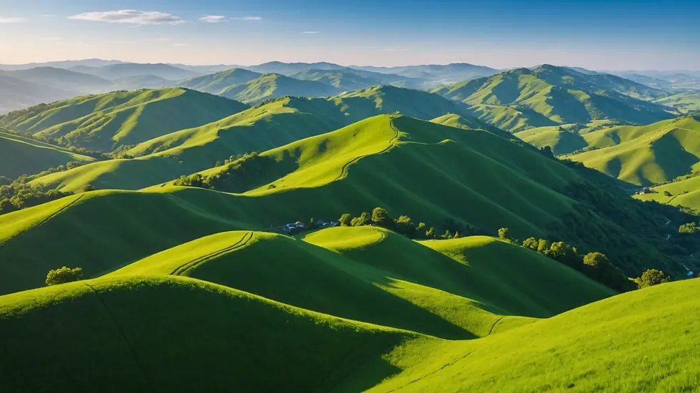 Eye-level view of lush green hills with a clear blue sky