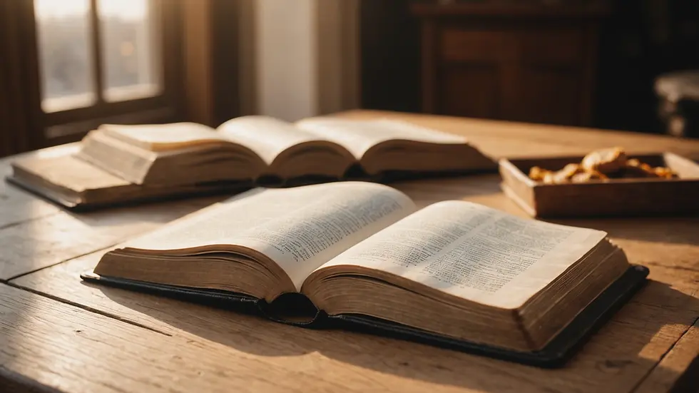 Close-up view of an open Bible on a wooden table