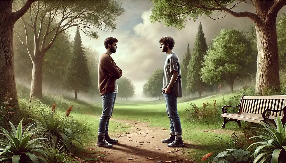 Wide angle view of two friends arguing at a park