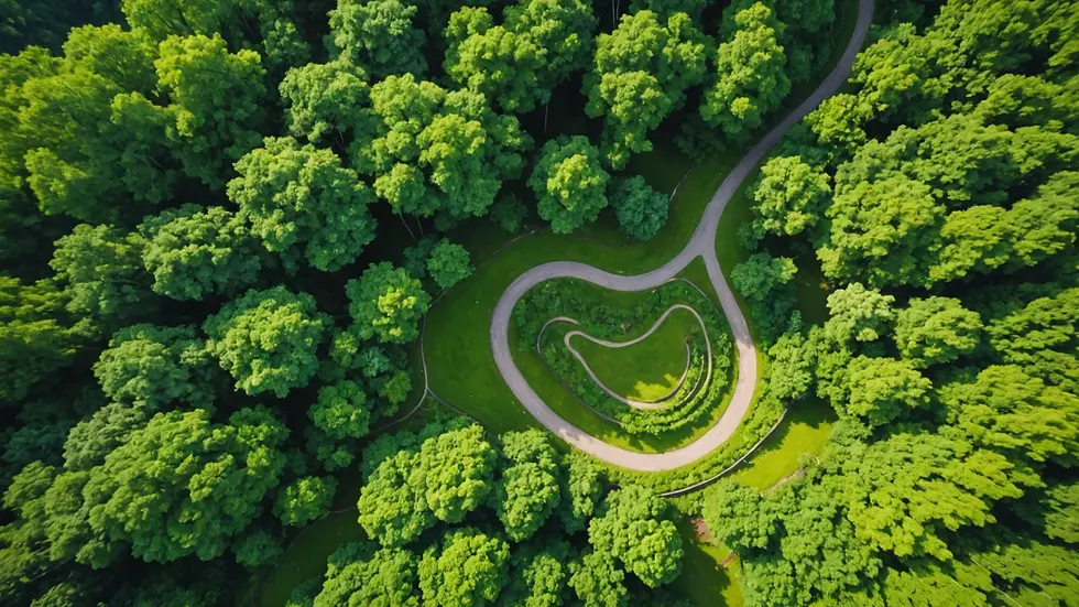 High angle view of a winding path through a lush forest