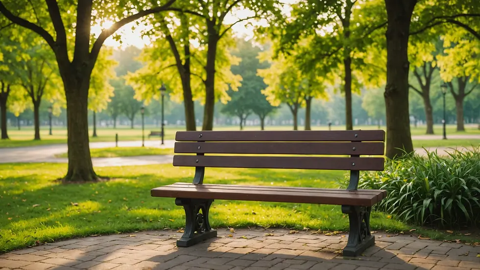 Eye-level view of a serene outdoor park with a single bench