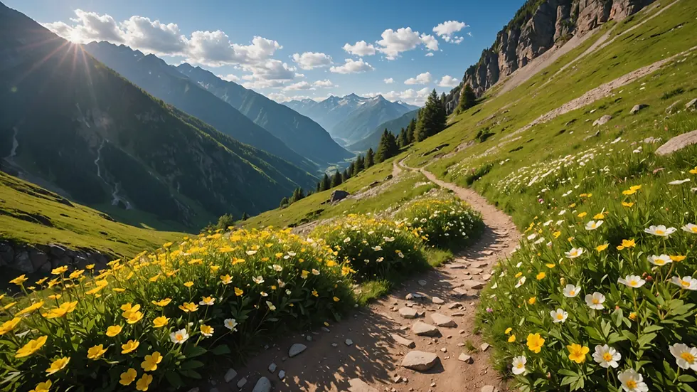 Wide angle view of a serene mountain trail with blossoming flowers