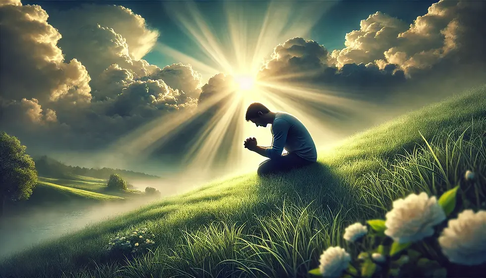 a wide angle image of a man in a field praying to God