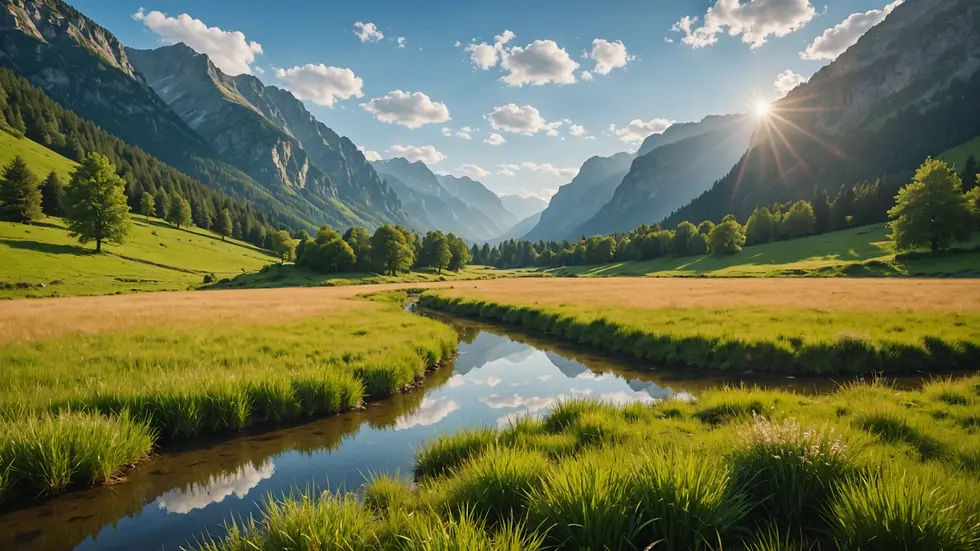 Wide angle view of a serene natural landscape
