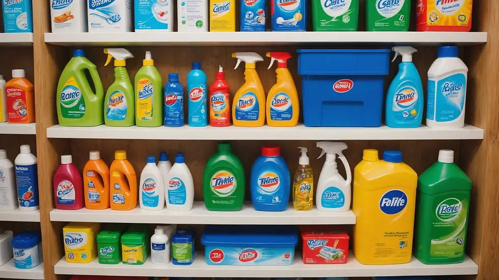 High angle view of a well-organized cleaning supply shelf