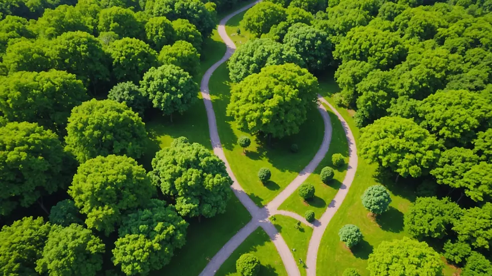 High angle view of a serene nature pathway lined with trees