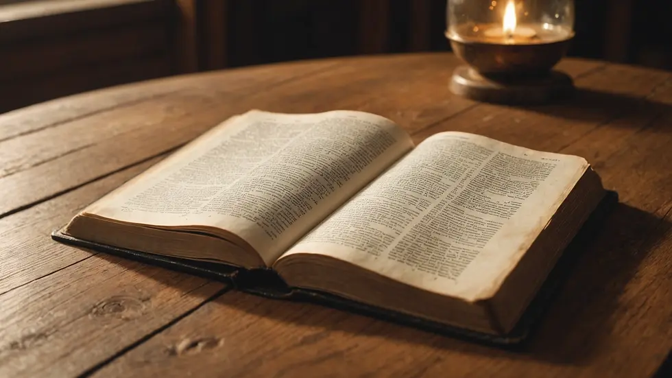 Close-up view of an open Bible on a wooden table